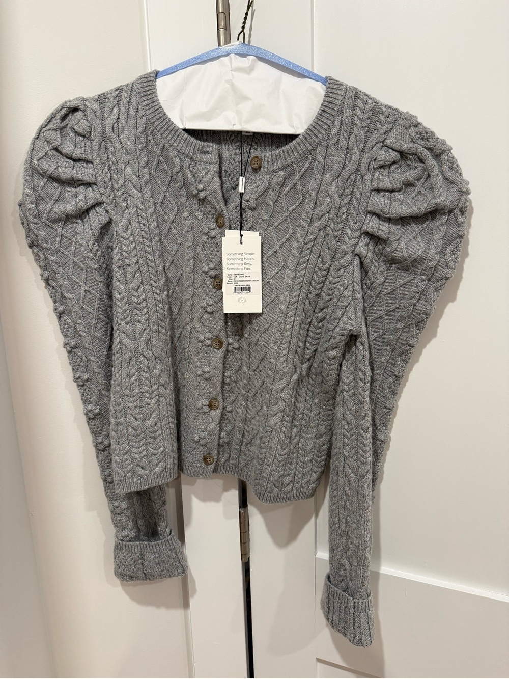 Something Navy Gray Cable-Knit Puff Sleeve Cardigan